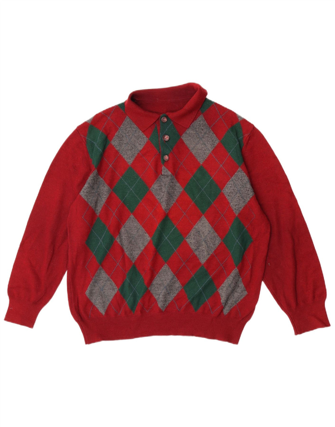 VINTAGE Pulover cu gât polo pentru bărbați, mare, roșu Argyle/Diamond