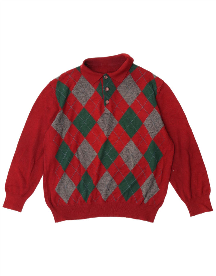 VINTAGE Pulover cu gât polo pentru bărbați, mare, roșu Argyle/Diamond