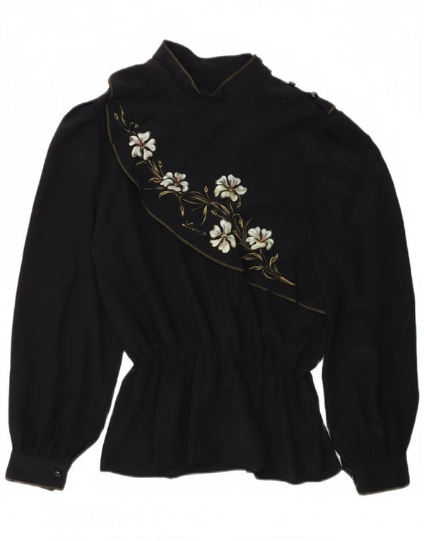 Bluză vintage cu mâneci lungi pentru femei UK 14 Medium Bleumarin Floral