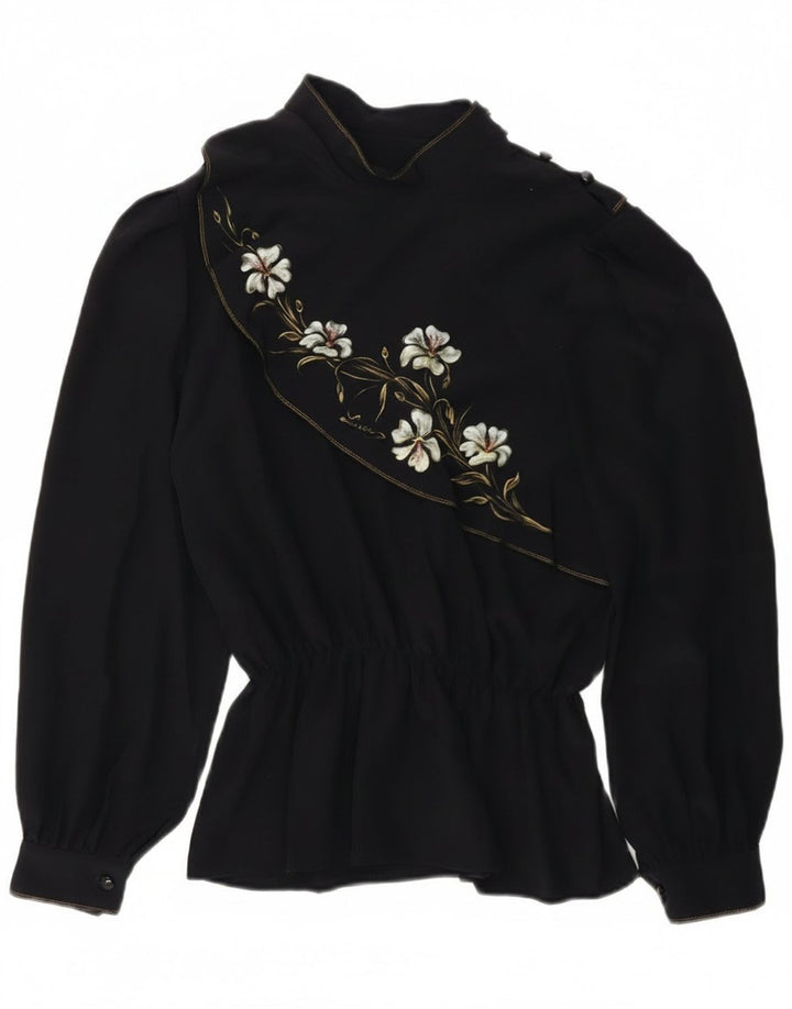 Bluză vintage cu mâneci lungi pentru femei UK 14 Medium Bleumarin Floral