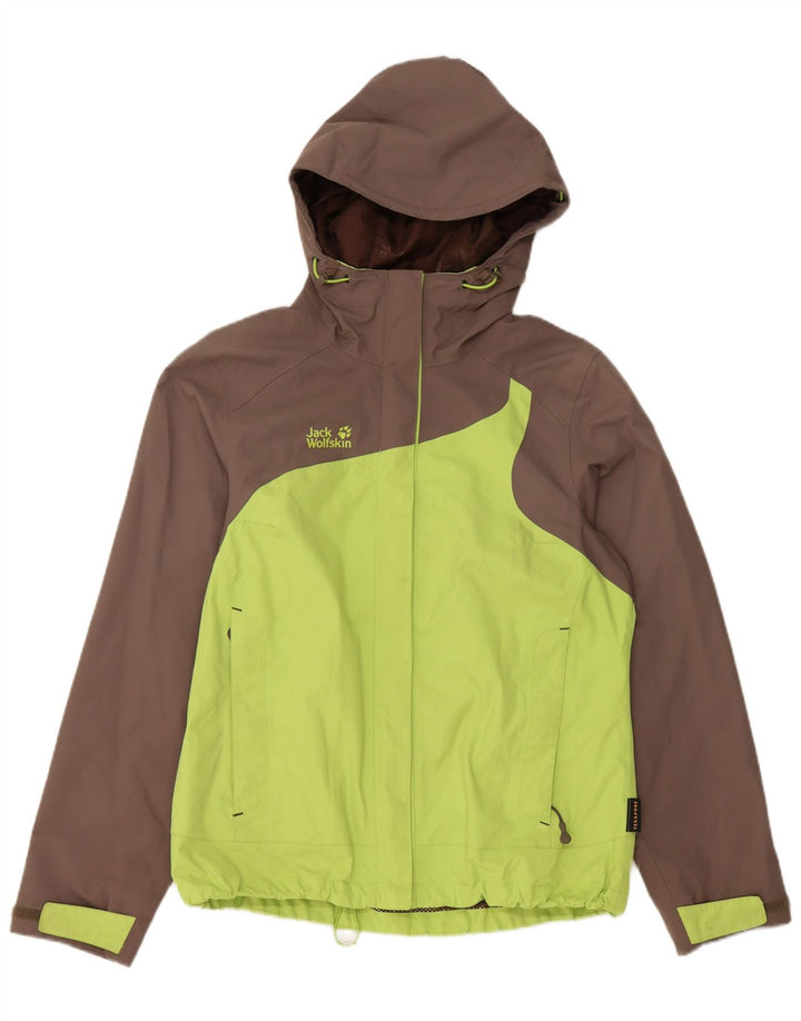 JACK WOLFSKIN Jachetă de ploaie cu glugă pentru femei Marea Britanie 12/14, verde mediu, color block