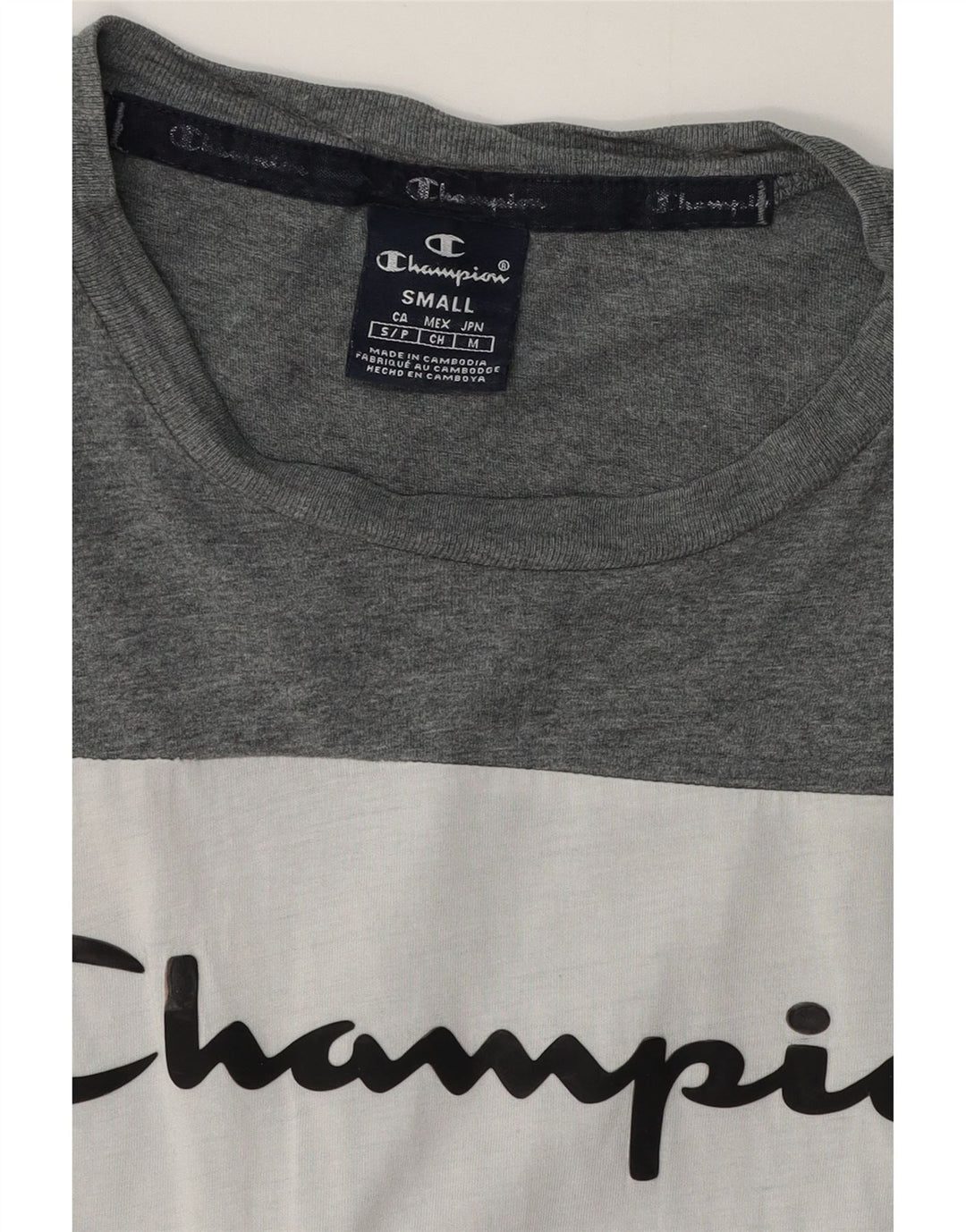CHAMPION Mens Graphic T-Shirt Top Small Grey Colourblock Vintage Champion and Second-Hand Champion from Messina Hembry 