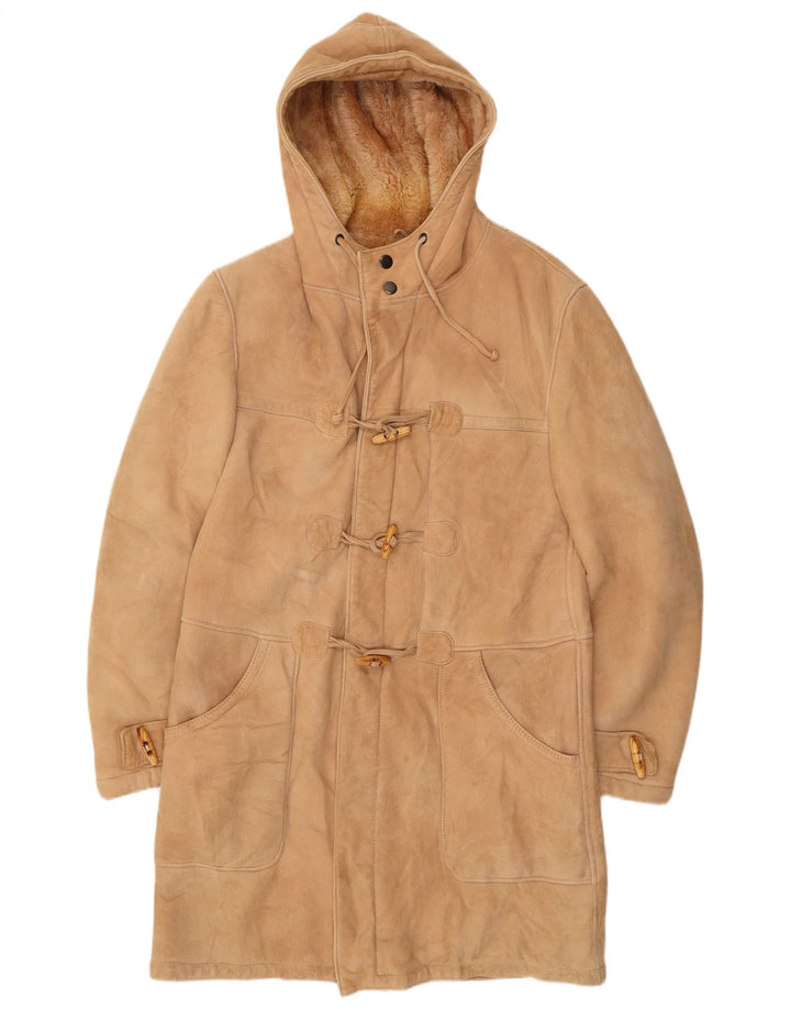 Palton din shearling cu glugă vintage pentru bărbați UK 36 Bej mic