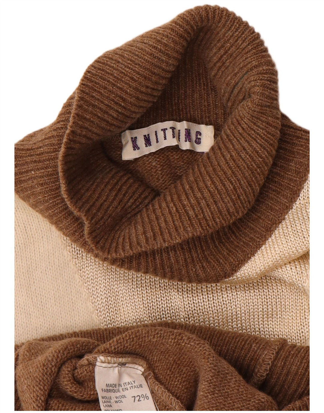 Pulover vintage pentru femei cu gât rulat, UK 14, maro mediu, lână color bloc
