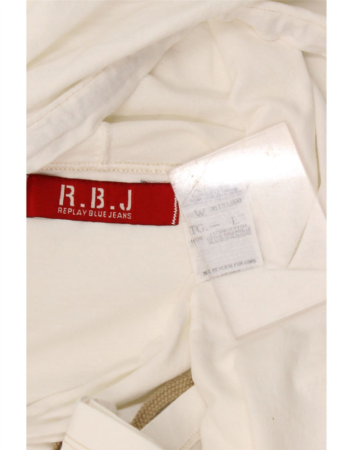 REPLAY Top grafic cu glugă pentru femei cu mânecă lungă UK 14, mare, alb, bumbac