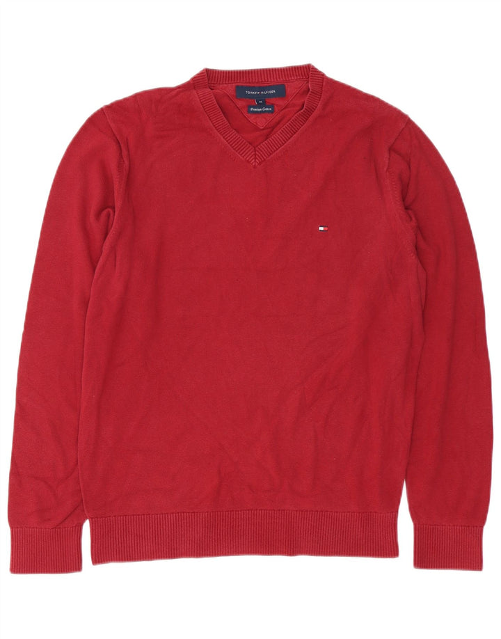 Pulover pentru bărbați TOMMY HILFIGER Pulover cu decolteu în V, bumbac roșu mediu