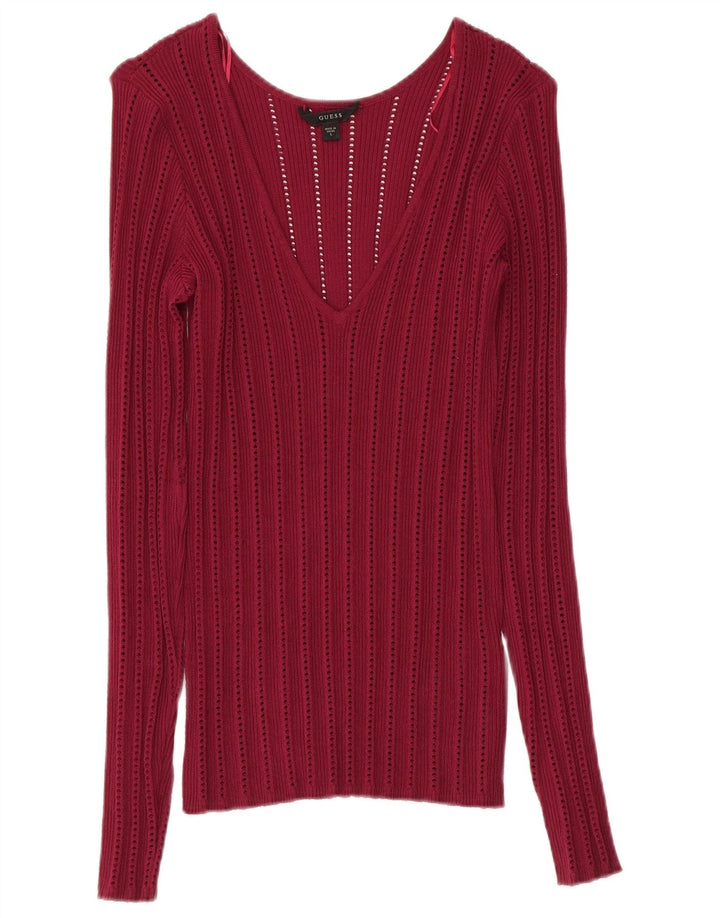 Pulover cu decolteu în V GUESS pentru femei UK 12, raion mediu Burgundy