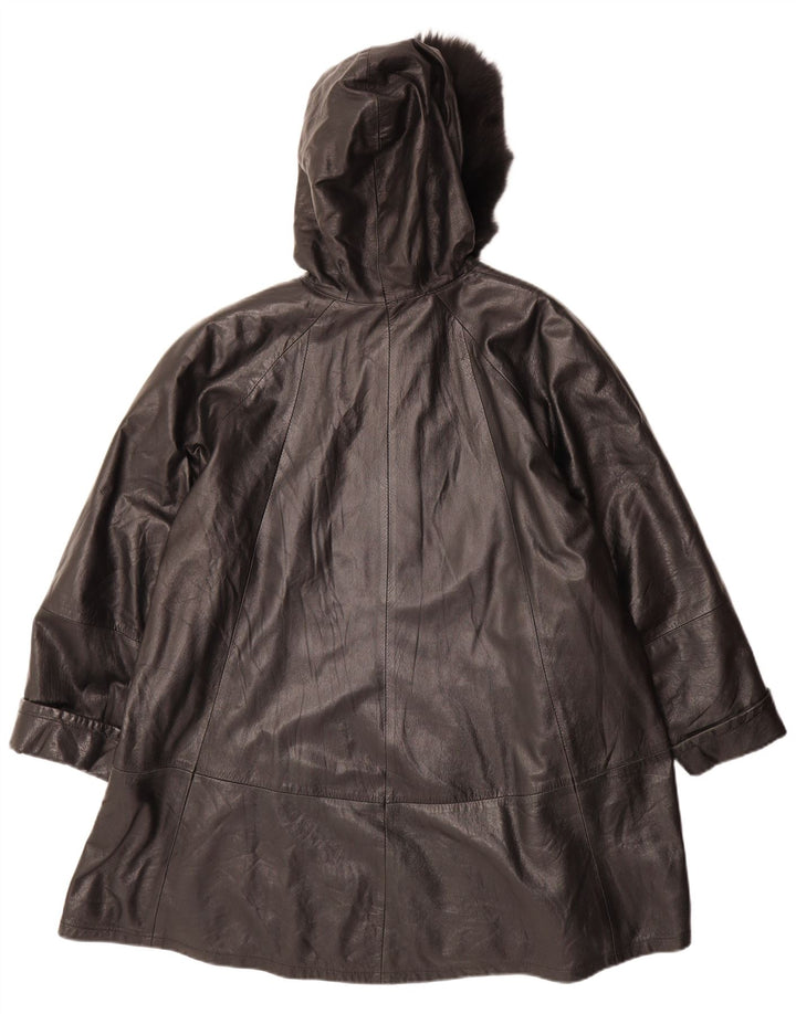 VINTAGE Palton supradimensionat din piele cu glugă pentru femei IT 42 Piele neagră medie