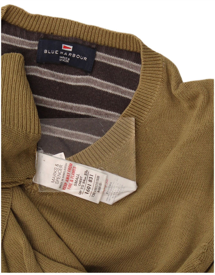 Pulover pentru bărbați Marks & Spencer Blue Harbour cu decolteu în V, bumbac mic kaki