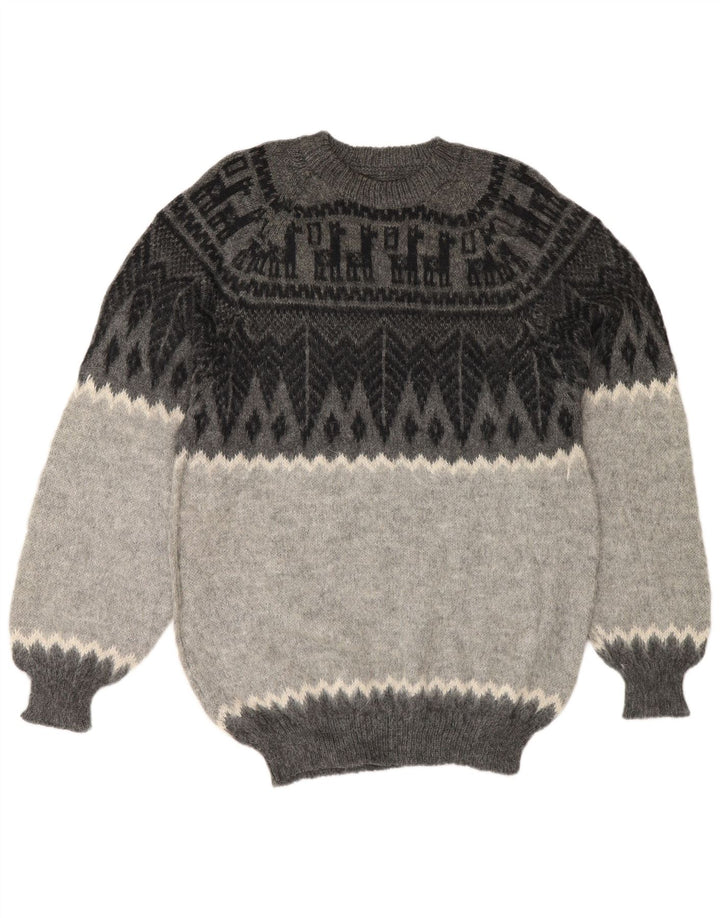 Pulover vintage pentru bărbați cu decolteu rotund, mic, gri, geometric
