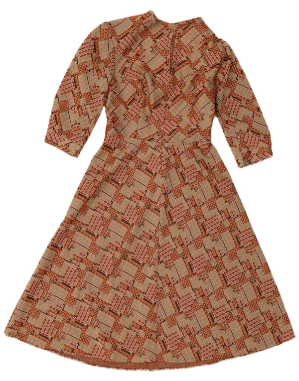 Vintage Womens 3/4 Sleeve A-Line Dress UK 10 Small Brown Geometric