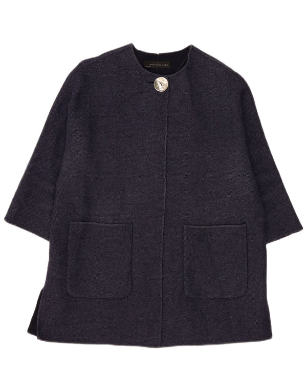 ZARA Womens Oversized 3/4 Sleeve Overcoat UK 10 Small Navy Blue Wool