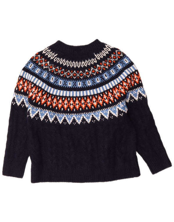 Pulover vintage pentru femei cu gât de barcă UK 14 Fair Isle, albastru mare, mare