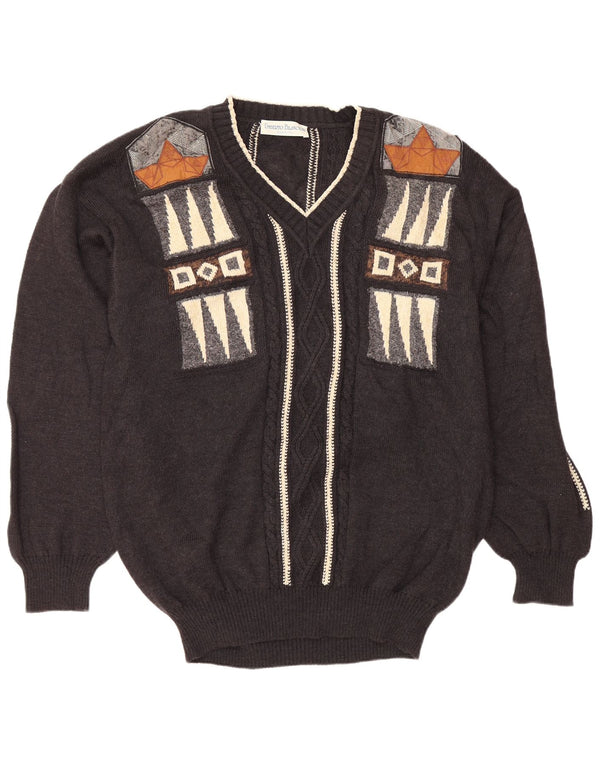 UMBERTO BILANCIONI Pulover cu decolteu în V pentru bărbați 2XL Lână geometrică gri