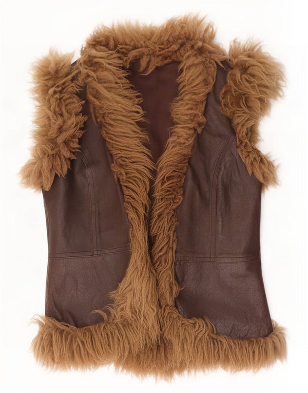 Vintage Womens Sherpa Leather Gilet IT 46 Large Brown Colourblock
