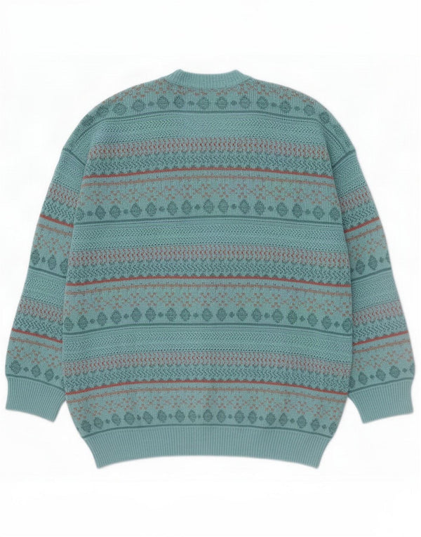 Vintage bărbați cardigan pulover mare albastru geometric