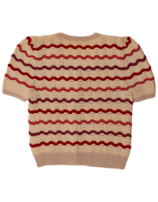 VINTAGE Pulover cardigan cu mânecă scurtă pentru femei UK 14 Medium Bej Dungat