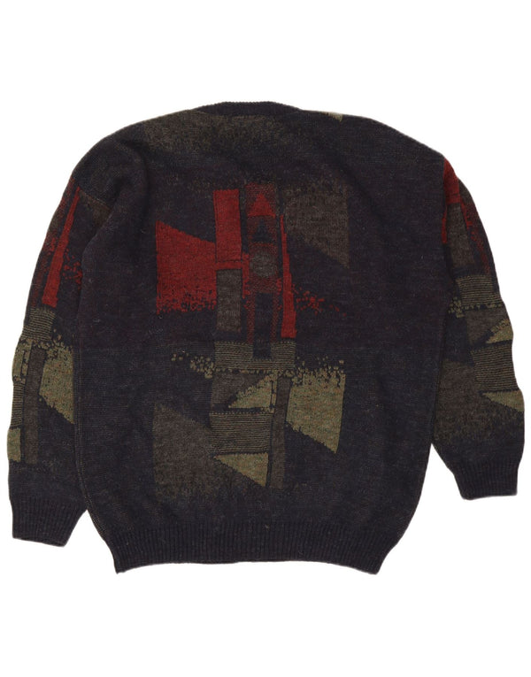 Pulover Vintage pentru bărbați cu decolteu în V XL Lână geometrică bleumarin