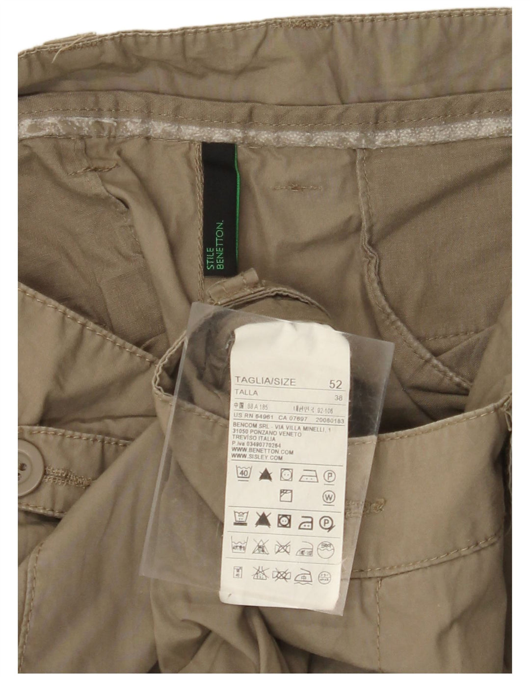Pantaloni cargo dritti pentru bărbați BENETTON IT 52 XL W38 L34 Kaki Bumbac