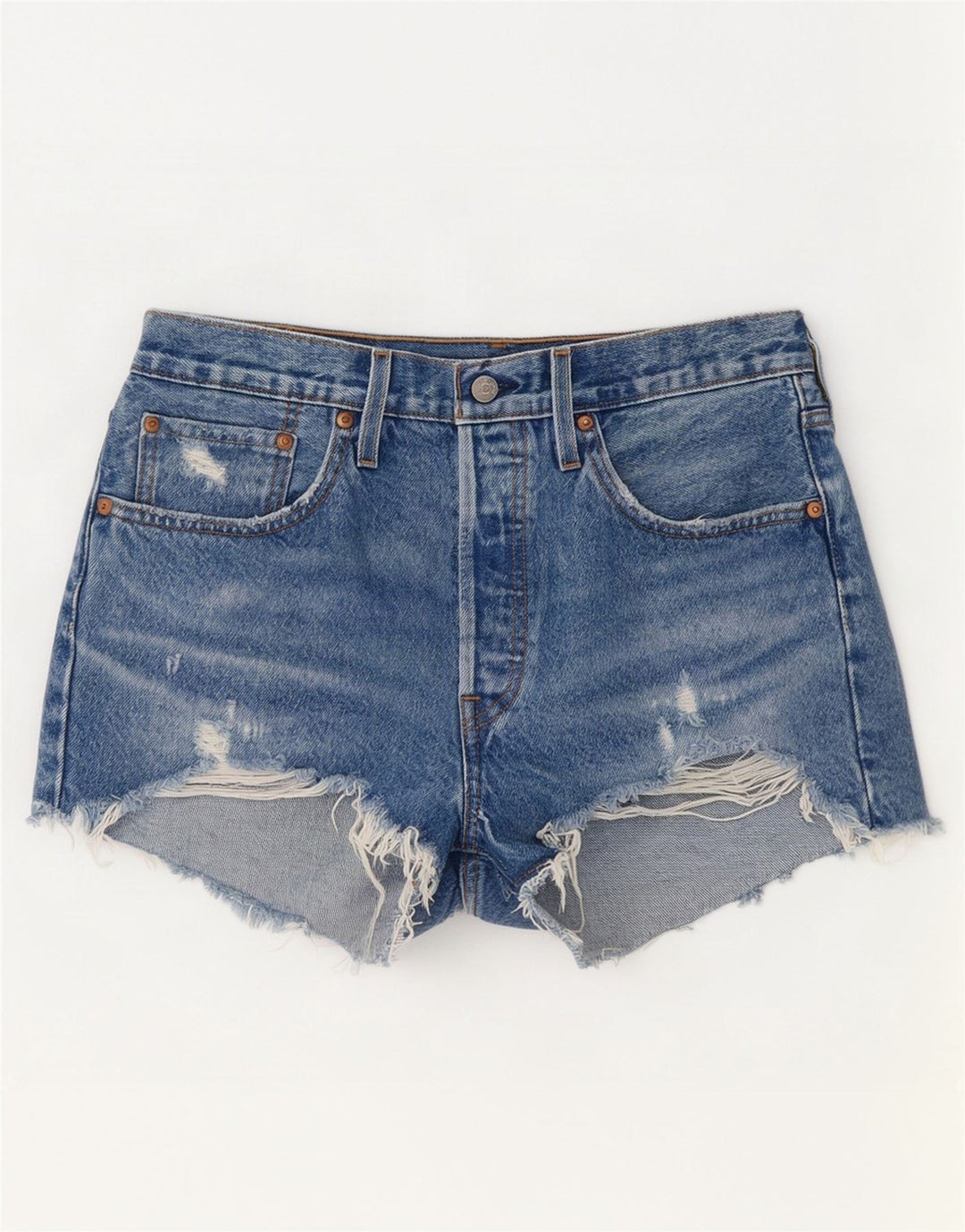 Pantaloni scurți Levi's pentru femei 501 din denim distressed W30, bumbac albastru mediu