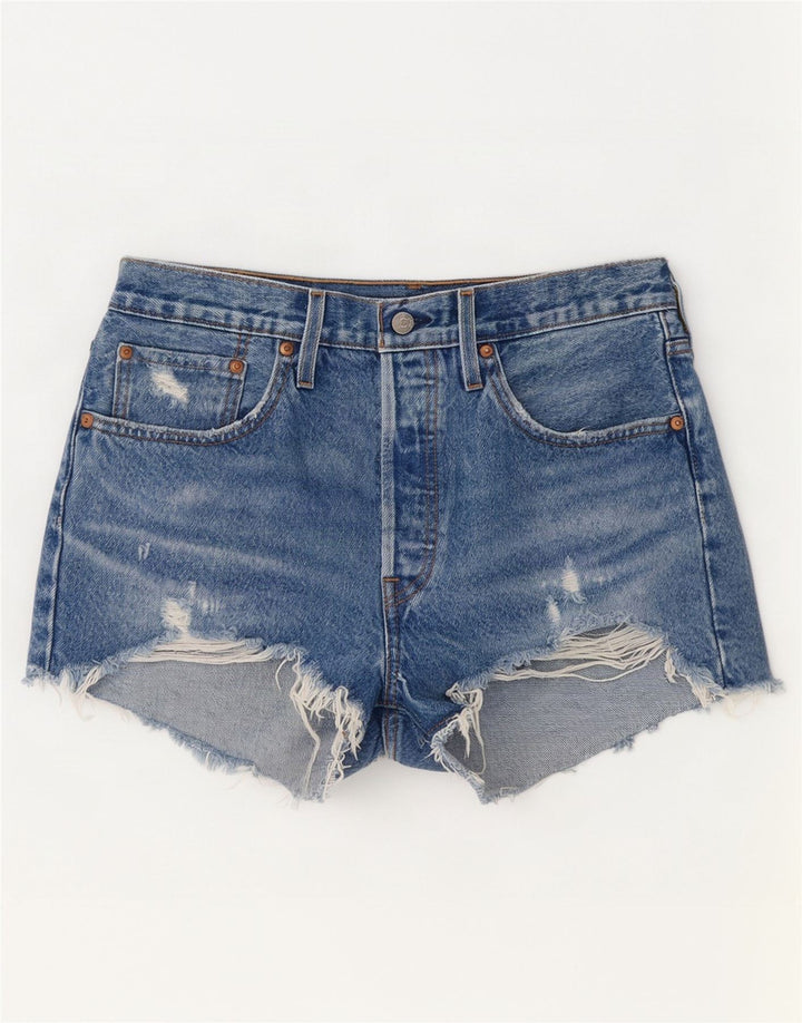 Pantaloni scurți Levi's pentru femei 501 din denim distressed W30, bumbac albastru mediu