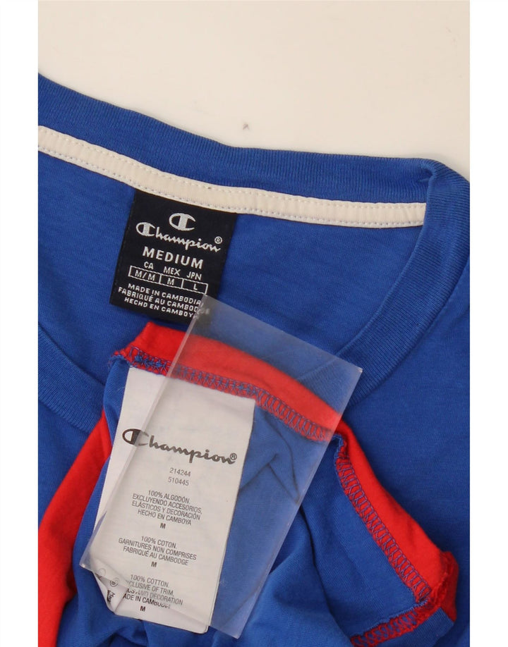 CHAMPION Mens Graphic T-Shirt Top Medium Blue Colourblock Cotton Vintage Champion and Second-Hand Champion from Messina Hembry 