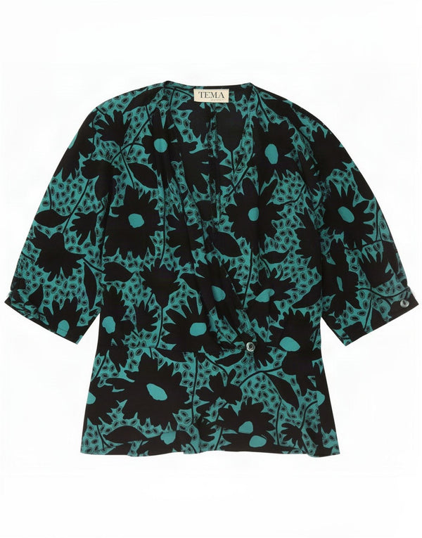 Bluză vintage cu mâneci 3/4 pentru femei UK 12 Medium Green Floral