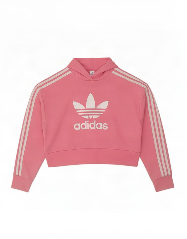 Pulover Adidas pentru fete Crop Graphic Hoodie 10-11 ani, bumbac roz