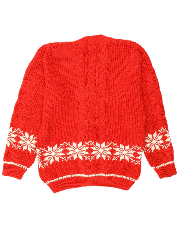Pulover cardigan vintage pentru femei cu fulgi de zăpadă UK 14 mare roșu Fair Isle retro