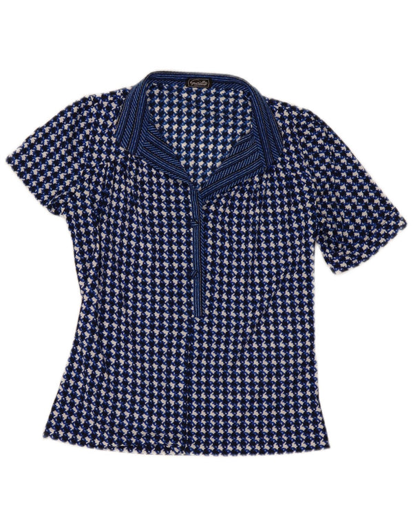 Bluză vintage pentru femei de top UK 10 mic bleumarin Houndstooth