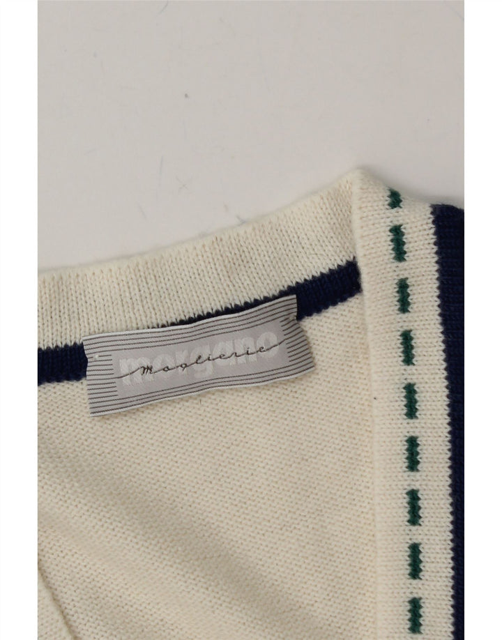 MORGANO Mens Graphic V-Neck Jumper Sweater Medium White Vintage Morgano and Second-Hand Morgano from Messina Hembry 