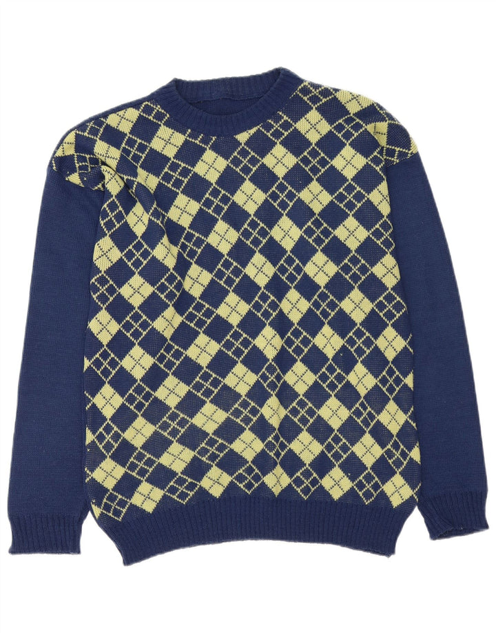 Pulover vintage pentru bărbați cu gât de barcă, mijlociu, bleumarin, Argyle/Diamond