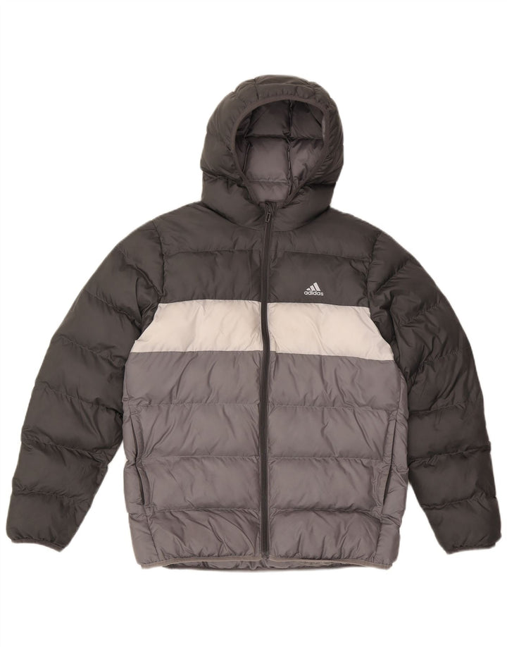 Jachetă căptușită cu glugă Adidas pentru băieți 13-14 ani, gri, poliester color bloc