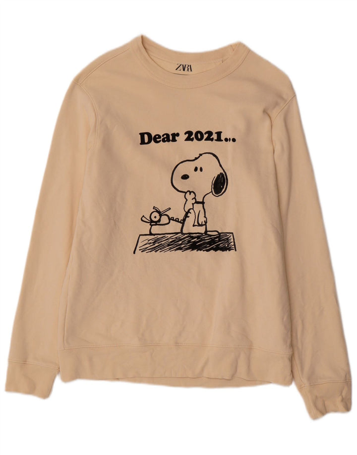Pulover pentru bărbați Zara, peanuts, cu grafică, bumbac mediu, bej