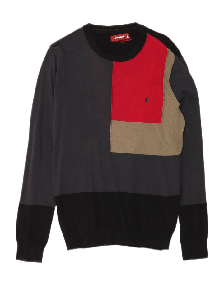 Pulover Desigual pentru bărbați cu gât roșu, bumbac color bloc negru mediu
