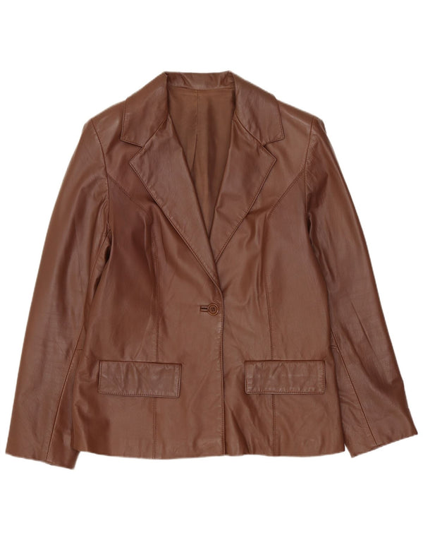 Blazer din piele vintage pentru femei cu 1 nasture UK 12 piele maro medie