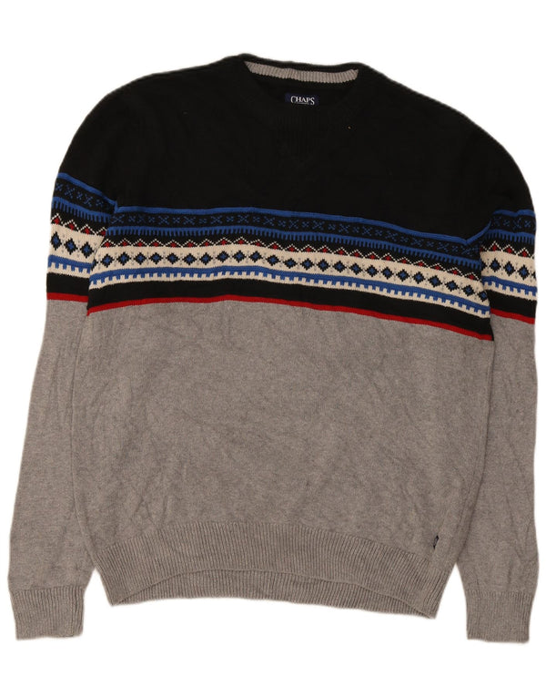 Chaps Mens Crew Neck Jumper Sweater Large Grey Fair Isle Cotton