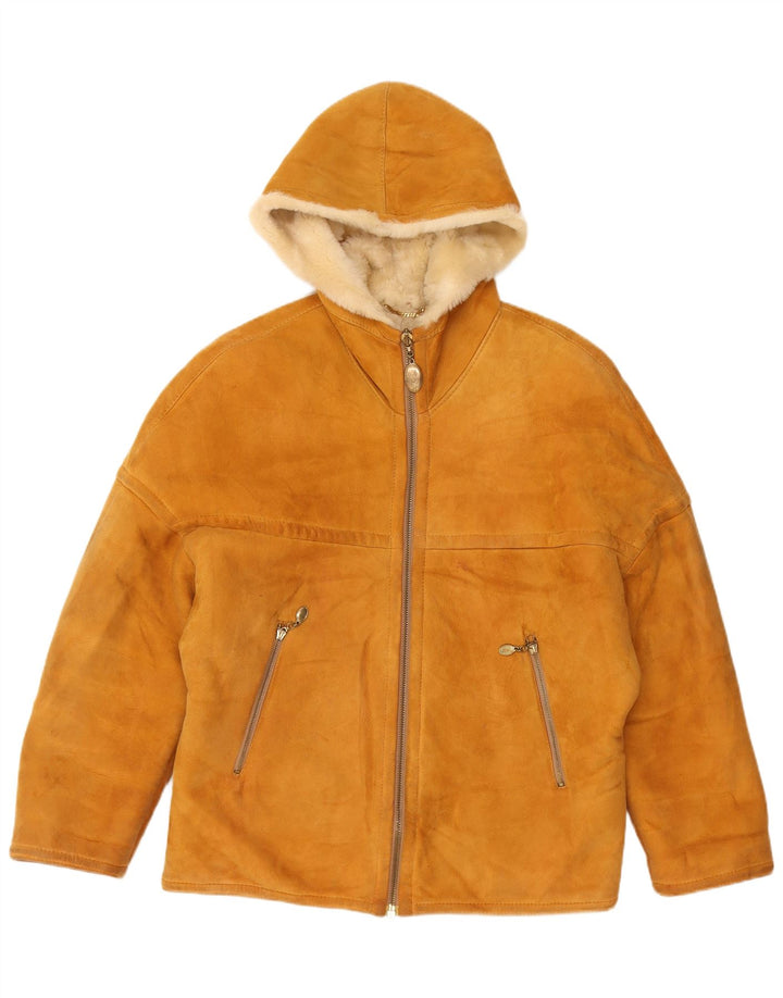 Jachetă vintage din shearling cu glugă pentru femei EU 44 XL bej shearling