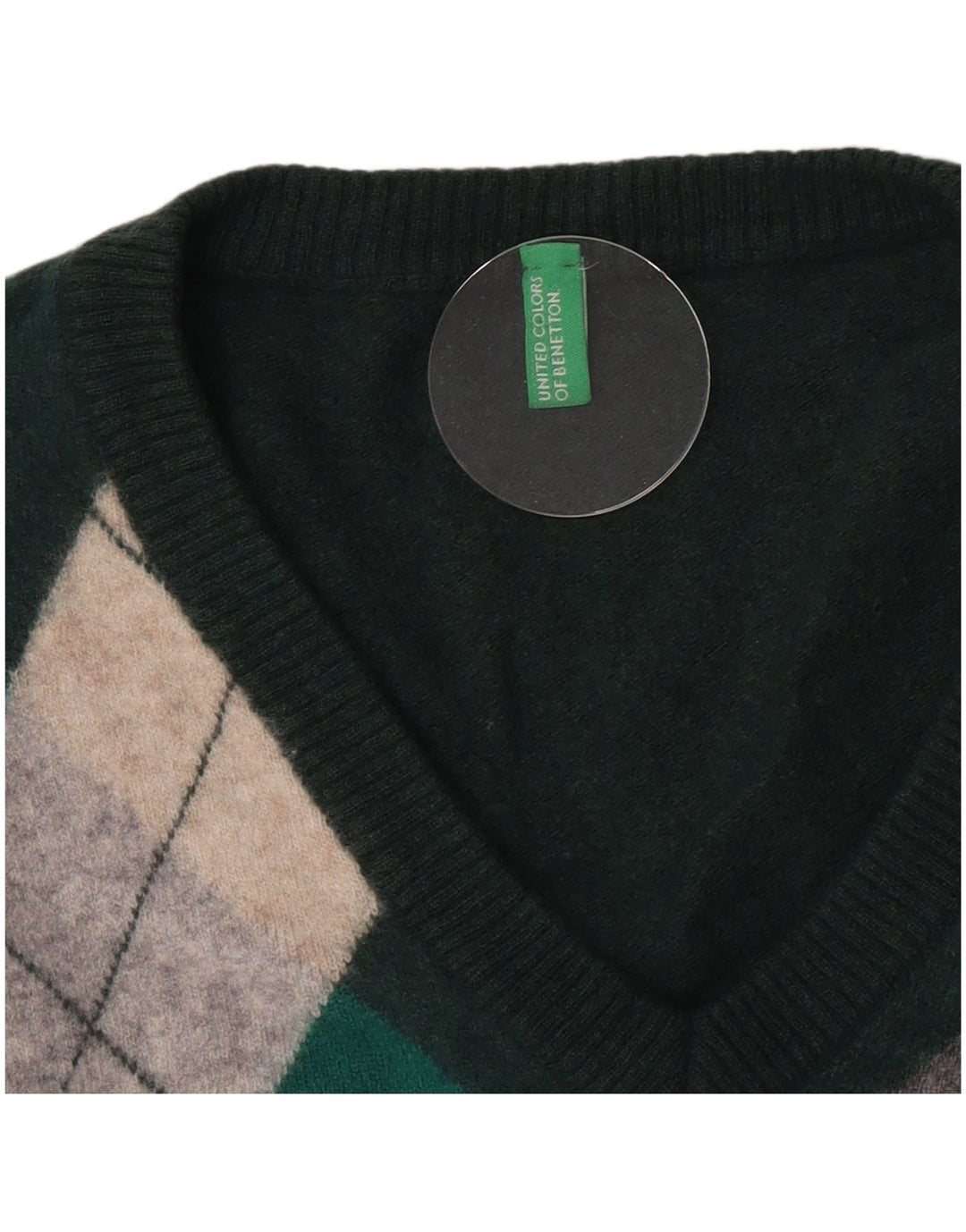 Pulover Benetton pentru femei cu decolteu în V UK 12 Medium Green Argyle/Diamond