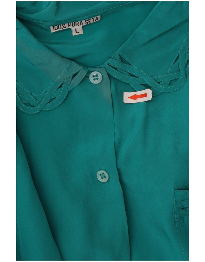 Bluză de cămașă vintage pentru femei UK 16, mare, verde, mătase