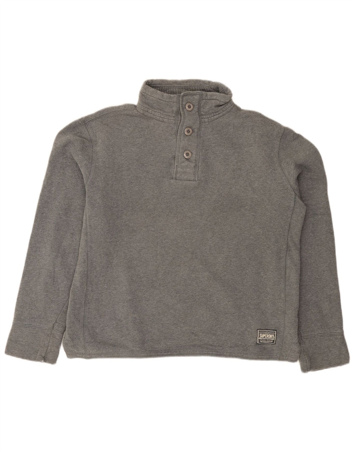 Pulover Superdry pentru bărbați, cu gât cu nasturi, bumbac mediu gri