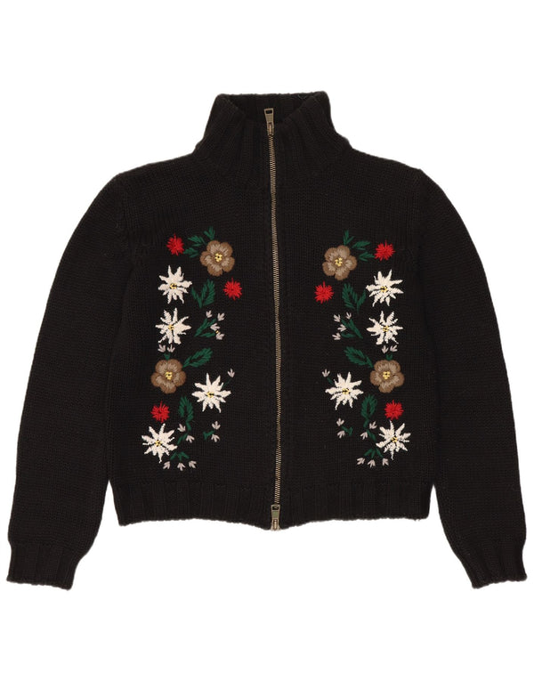 Pulover vintage cardigan crop pentru femei UK 16 mare, negru, lână florală