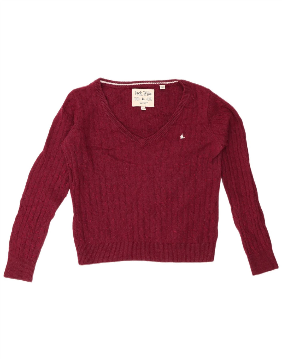JACK WILLS Pulover crop cu decolteu în V pentru femei UK 10 mic bumbac burgundă