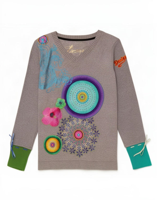 Top grafic pentru femei Desigual cu mânecă lungă UK 14 mare, gri, bumbac floral