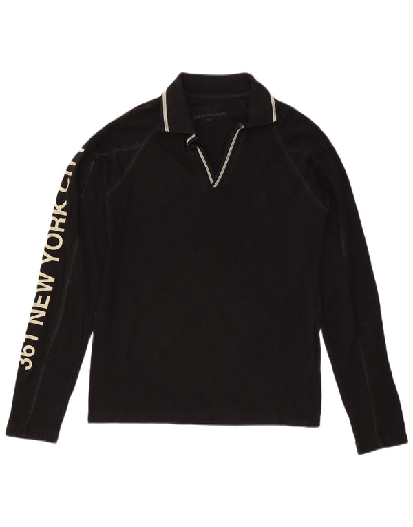 CALVIN KLEIN JEANS Tricou polo cu mânecă lungă pentru bărbați, bumbac negru mic