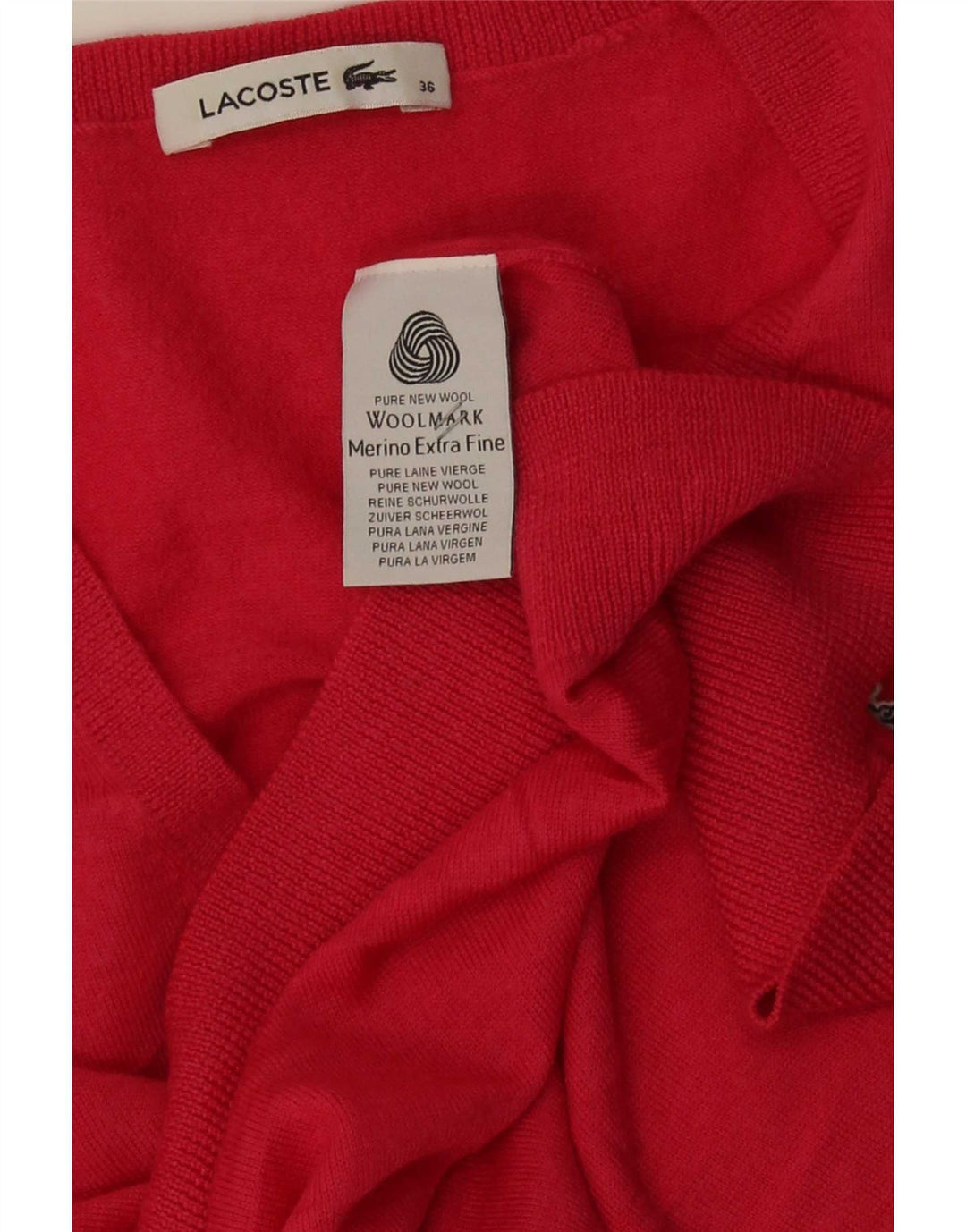 Pulover pentru femei Lacoste cu decolteu în V Mărimea 36 Lână merinos roșie mică