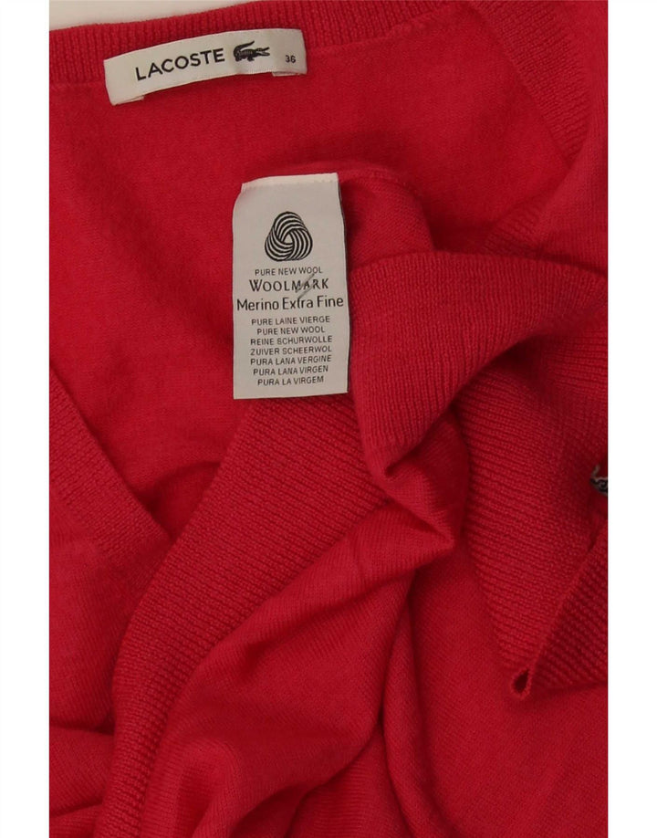 Pulover pentru femei Lacoste cu decolteu în V Mărimea 36 Lână merinos roșie mică