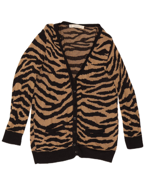 Pulover cardigan cu paragate Zara pentru femei UK 16 mare, maro, bumbac cu imprimeu animal