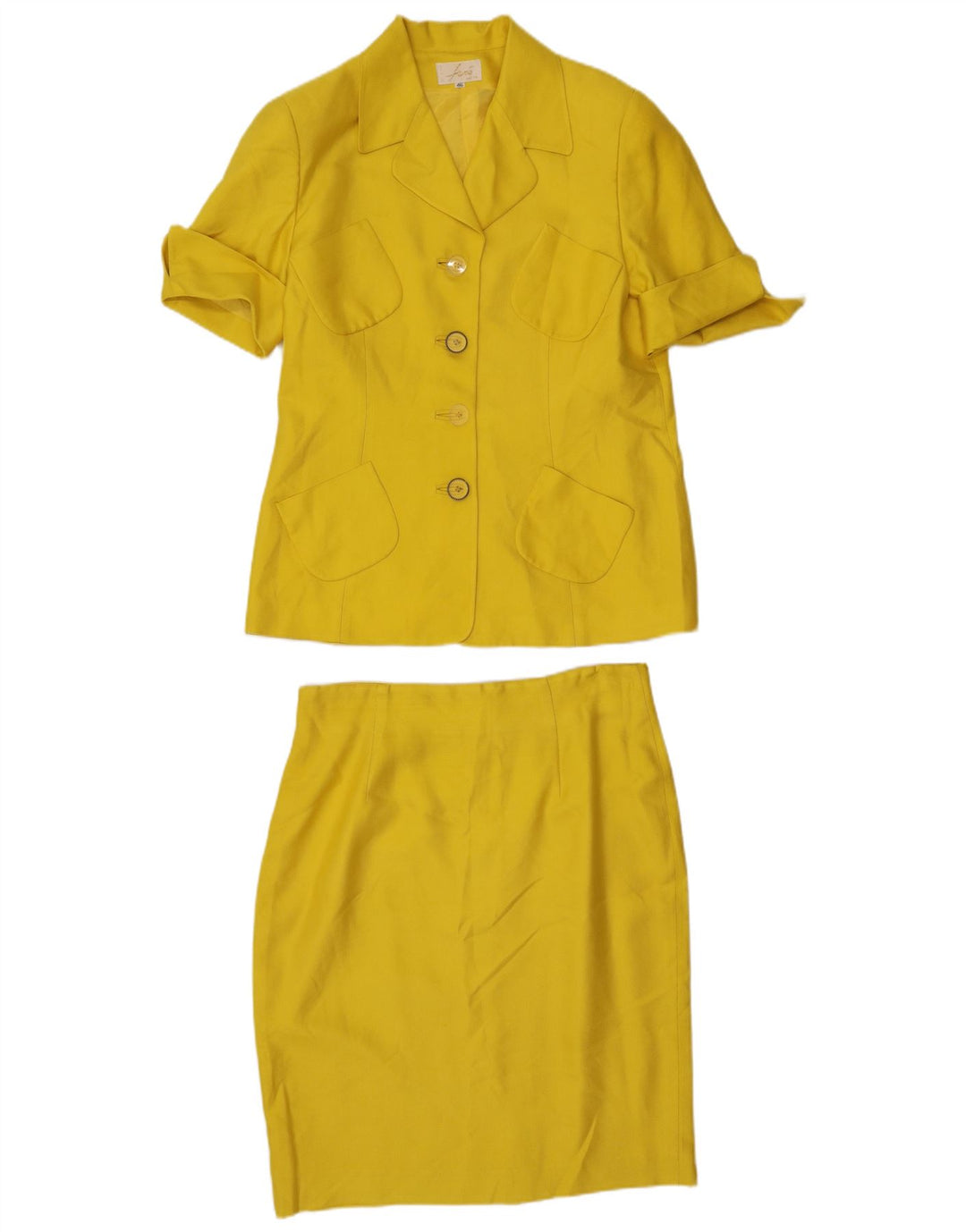 Set fuste 2 piese pentru femei vintage cu 4 nasturi IT 46 mare W32 mătase galbenă