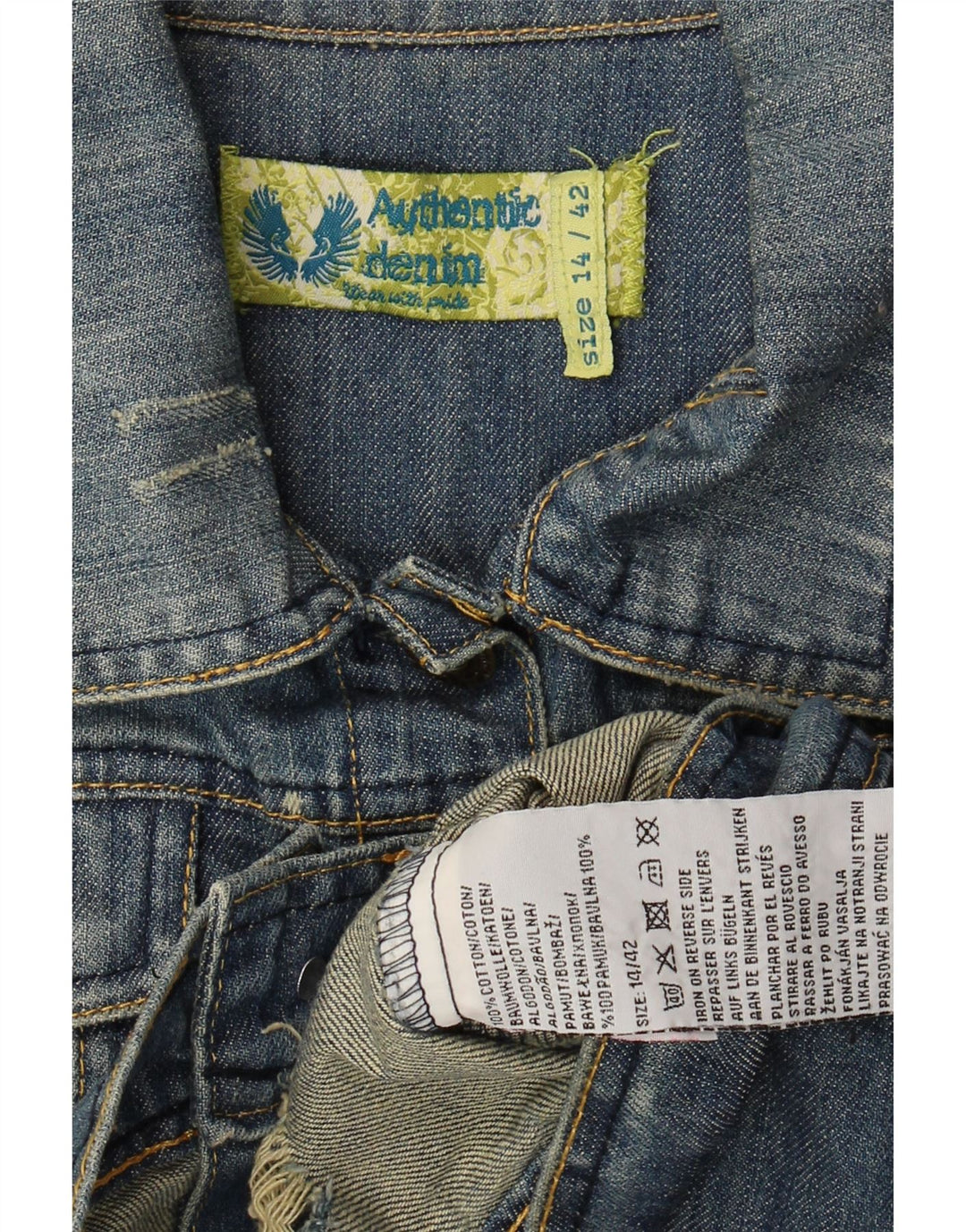 AUTHENTIC Womens Crop Distressed Denim Jacket UK 14 Medium Navy Blue Vintage Authentic and Second-Hand Authentic from Messina Hembry 